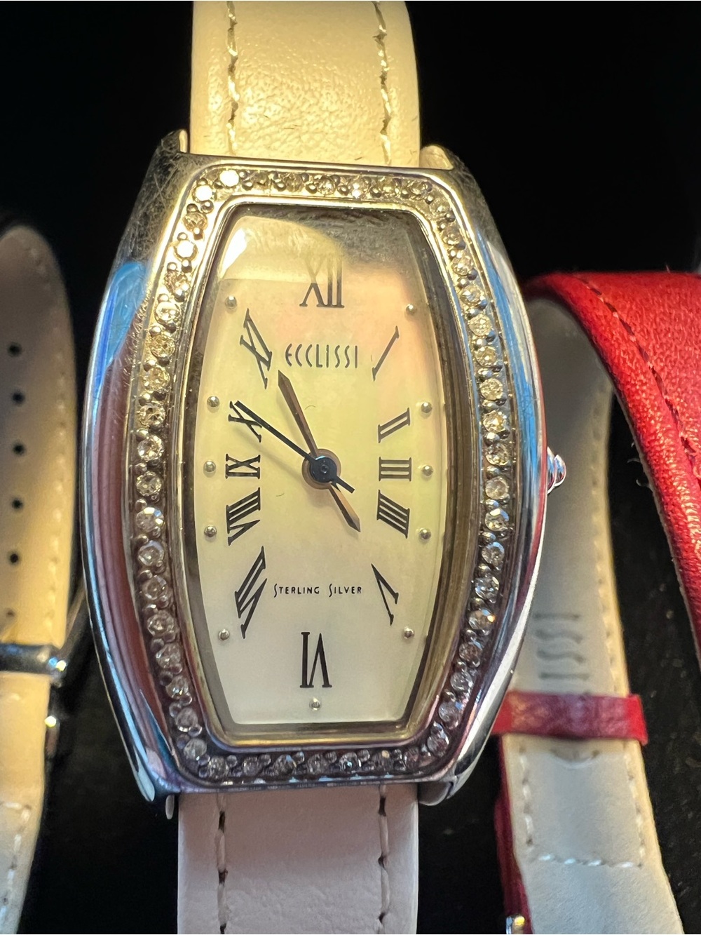 Ecclissi Sterling Silver Tonneau Watch — Cream Strap